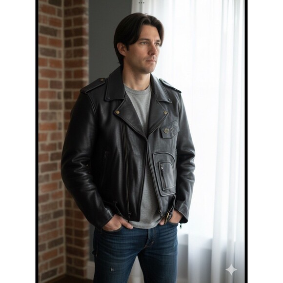 Motorcycle Jacket Double Riders Vintage Leather Coat Heavyweight Thick Belt L - Picture 2 of 7